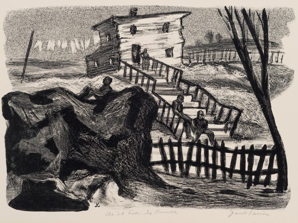 Figures on steps with a fence on both sides leading up to a shack.