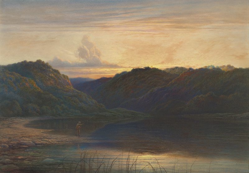 Landscape with lake and man fishing.