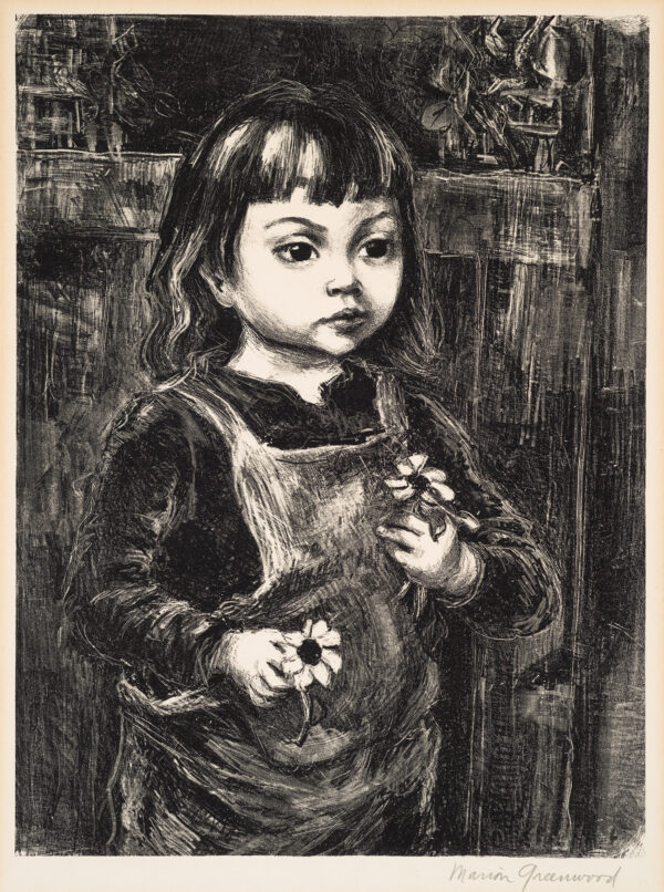 A young girl holds a flower in each hand.
