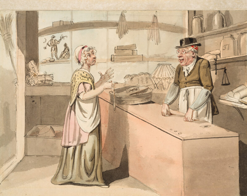 A woman stands in front of a counter arguing with the storekeeper.