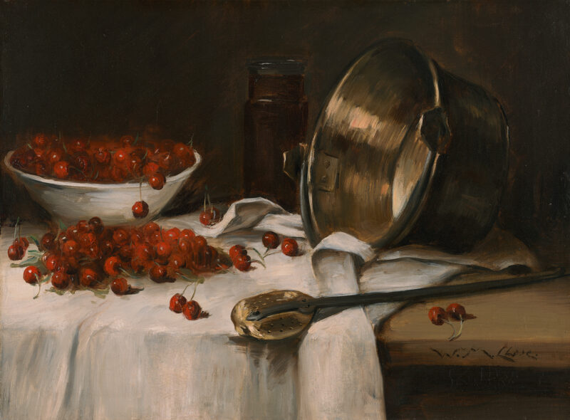 A still life of a table with a bowl of cherries and more cherries spilled onto the table on the left and another container and spoon on the right.