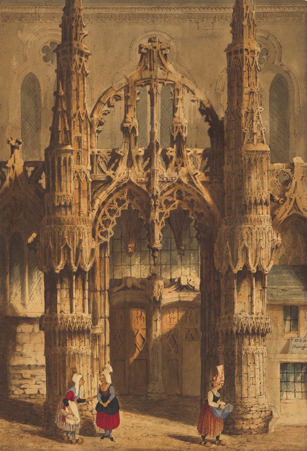 A Gothic church entrance with figures in front.