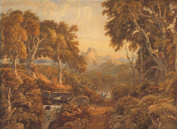 A landscape of trees, stream and road leading to a castle in the distance.