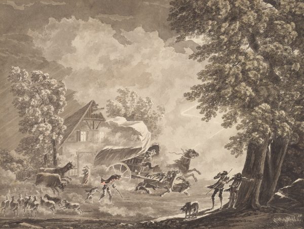 Figures and horse and wagon are racing to get ahead of a storm.