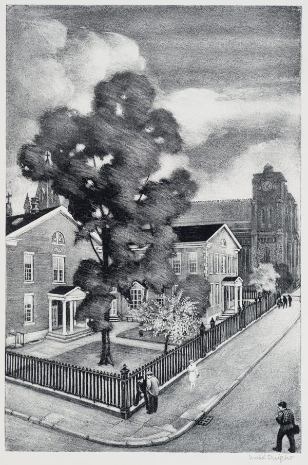 Figures on a street corner with a tall tree in front of buildings.