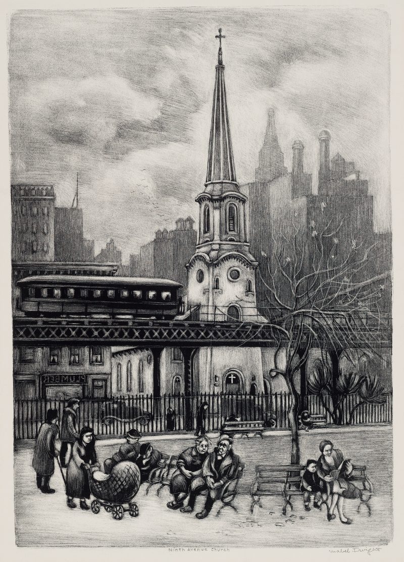 Figures on park benches with an elevated trolley and church in the background.