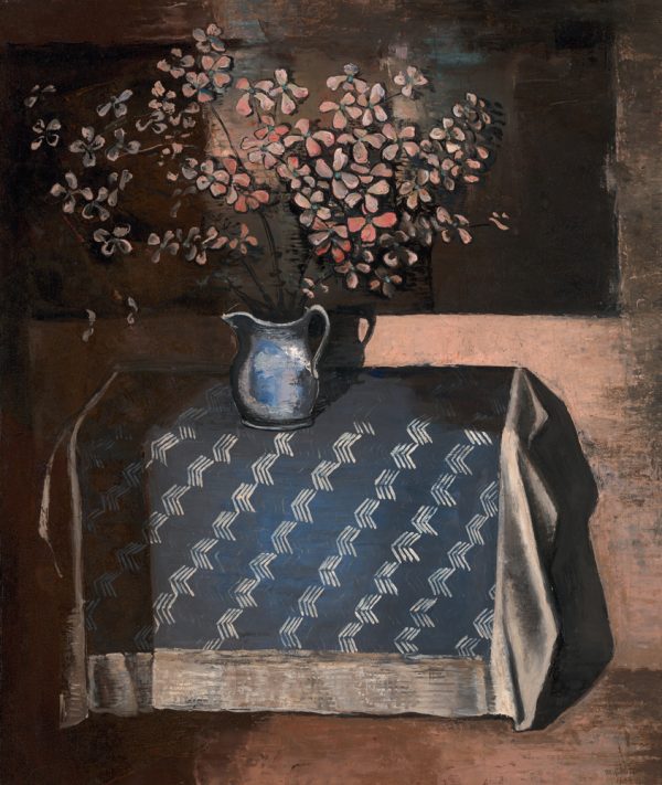 A still life  of a pitcher with flowers that sits on a table with a tablecloth.