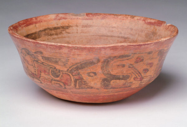 Flat bottom bowl with tan, red and black slip decoration.