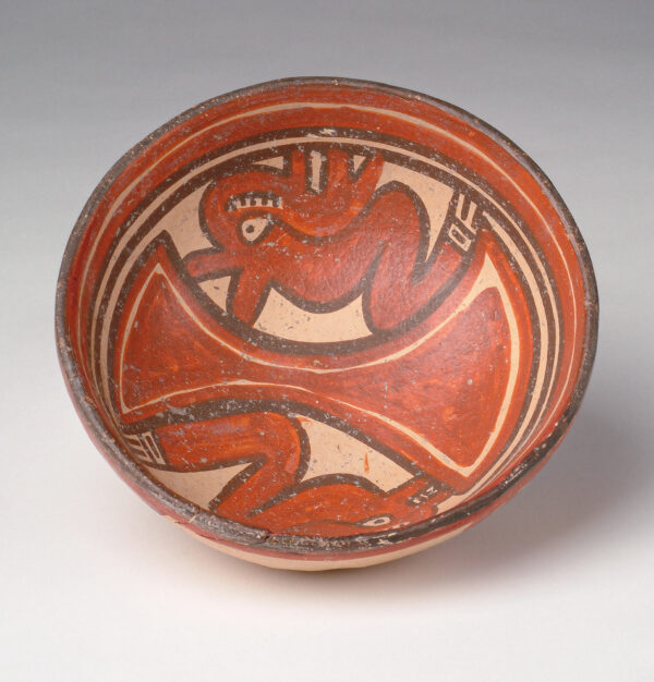 Bowl: tan with red and black slip decoration.