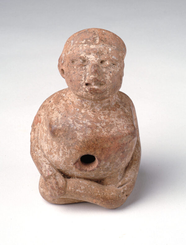 Seated woman with hole in stomach.