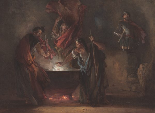 Three witches around a cauldron with MacBeth on the right.
