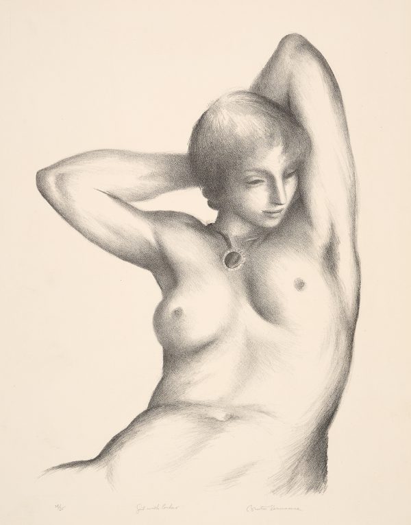 3/4 view of female nude with hands raised behind her head.
