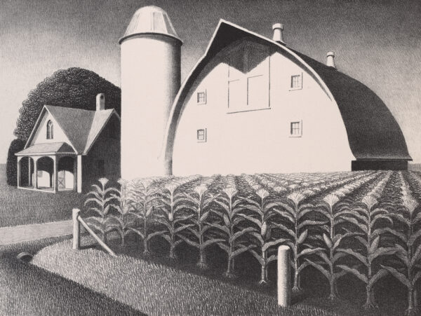 A farm scene of house, silo, barn and corn field.