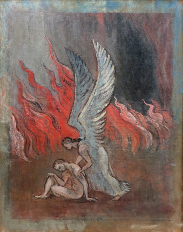 An angel leans over a nude figure sitting on the ground.