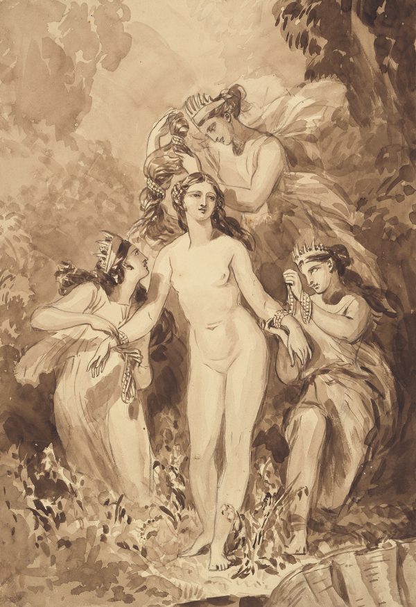 Venus surrounded by attendants in a landscape.