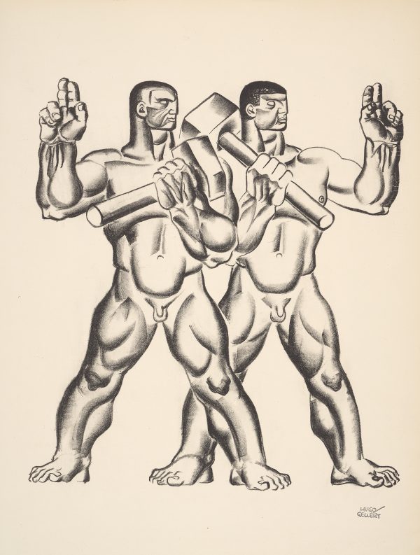 Two nude men stand with legs apart, holding heavy mallets. Their other hand is raised with the first two fingers pointing up.