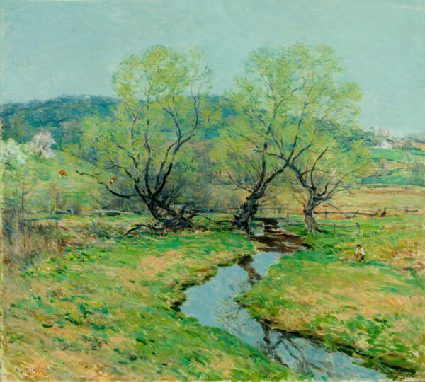 Impressionistic rural landscape. At center is a stream and group of trees; cattle grazing on hill in distance at left; fisher boy seated by stream at right; hills beyond.