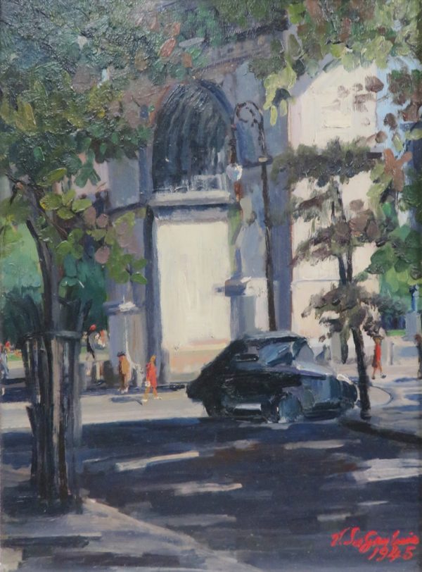 A view of  a car in front of the Washington Square arch in New York.