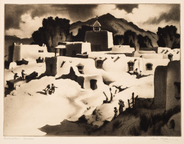 1945 Prairie Print Makers gift print A adobe villiage with mountains in the background.