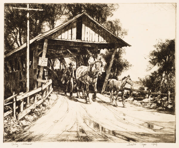 1949 Prairie Print Makers gift print. A man walks a horse and foal out of a covered bridge.