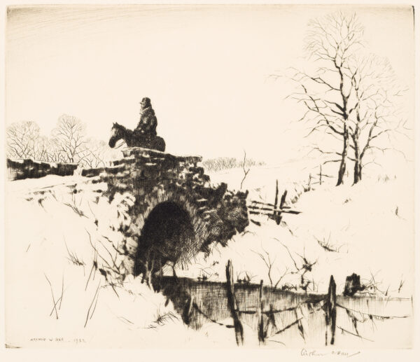 1932 Prairie Print Maker gift print A man on horseback crosses a creek on a stone bridge. Snow covers the banks of the creek.