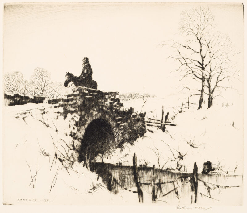 1932 Prairie Print Maker gift print A man on horseback crosses a creek on a stone bridge. Snow covers the banks of the creek.