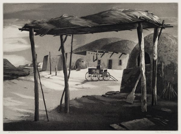 1951 Prairie Print Makers gift print. A wagon and adobe building is seen through a shelter without walls.
