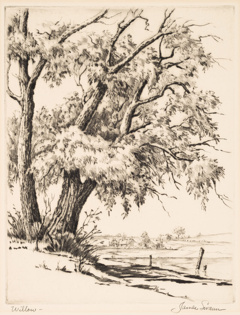 1953 Prairie Print Makers gift print. A willow tree dominates the left side of the image.