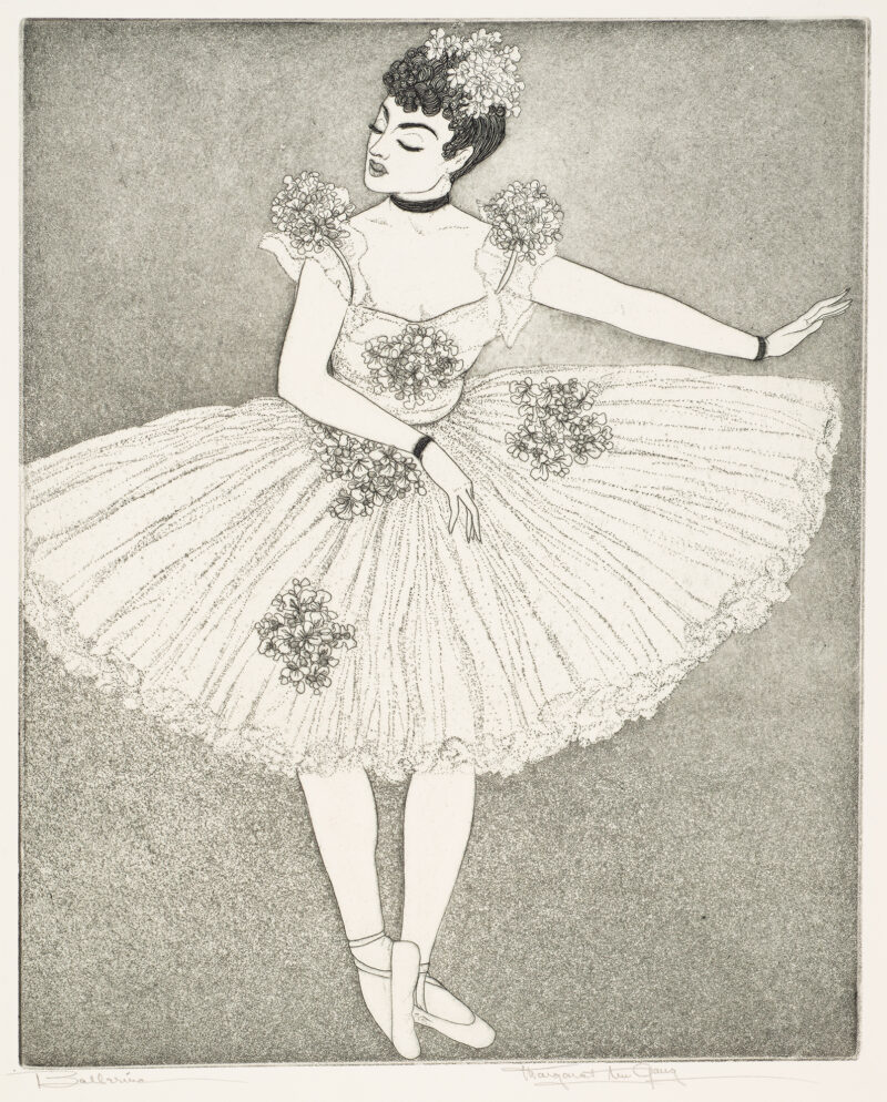 1956 Prairie Print Makers gift print. A ballerina with flowers in her hair and on her dress.