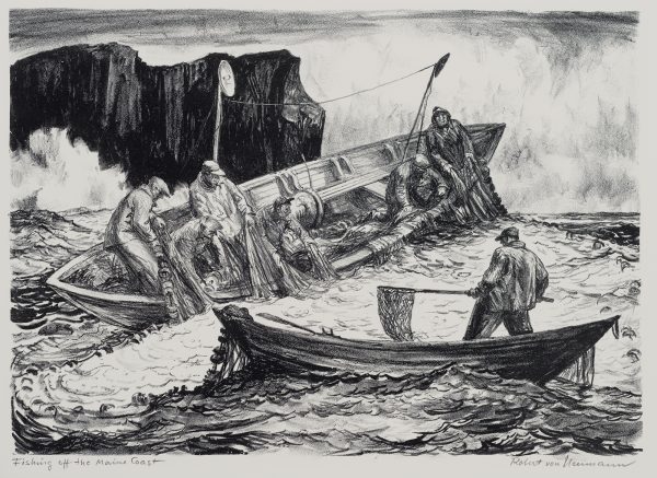 1959 Prairie Print Makers gift print. Men fishing with nets in two boats with pounding surf on a cliff in the background.
