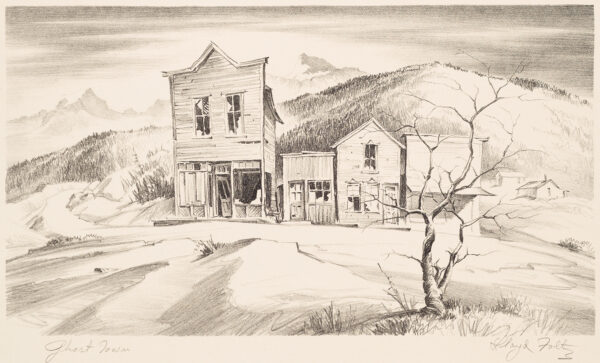 1962 Prairie Print Makers gift print. A small ghost town in front of low mountains.