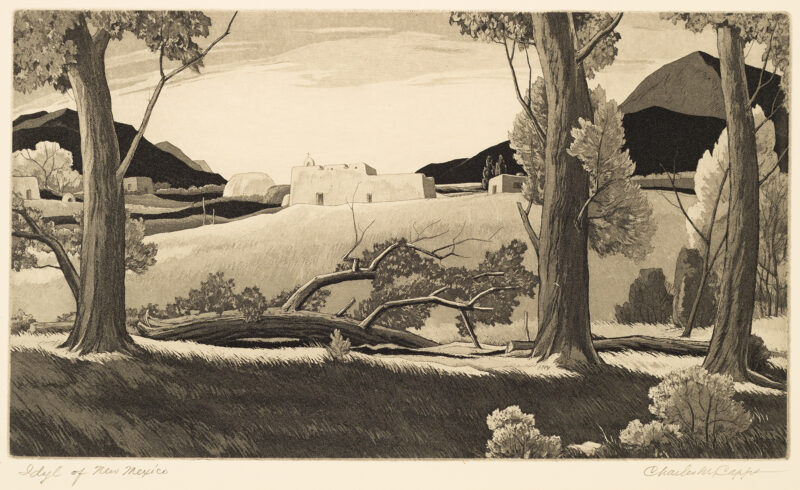 1965 Prairie Print Maker gift print. Tree trunks in the foreground with adobe buildings and mountains in the background.