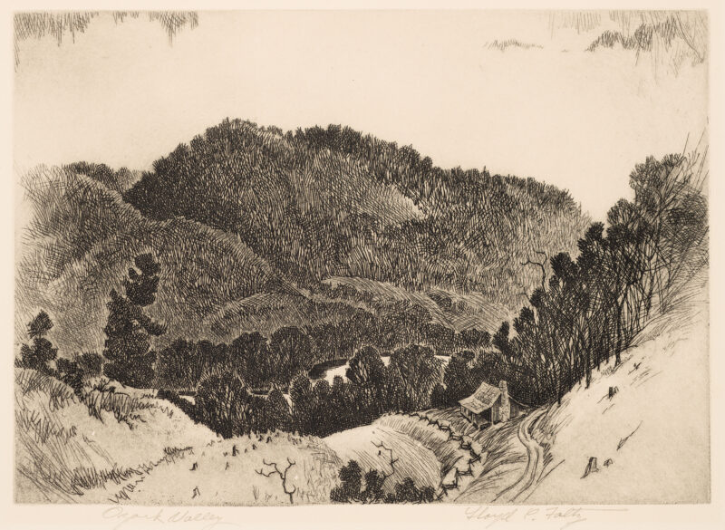 1935 Prairie Print Makers gift print. A cabin in a valley surrounded by trees.
