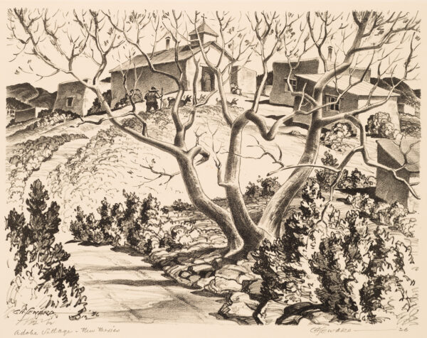 1936 Prairie Print Makers gift print A road leads up a hill to a building with a tree in the foreground.