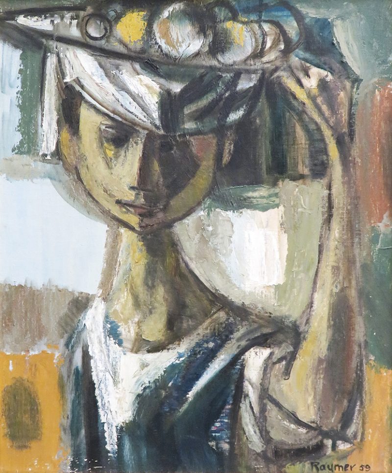 A figure holds a plate with food on top of her head.