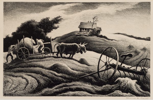 Men pitching hay into a cart with a farm house in the distance.