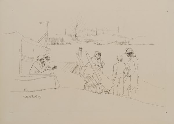 A group of men with a cart by a river.