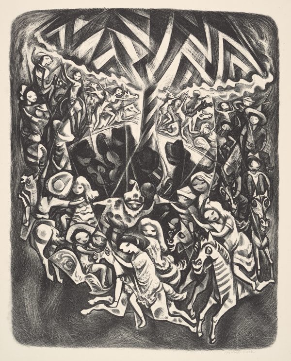 Abstracted figures ride a merry go round with a fractured mirror center.