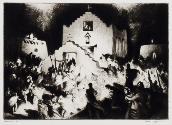 A night scene of figures moving toward an adobe arch. The arch and church behind it are well lit and dark shadows are at the edges of the picture.