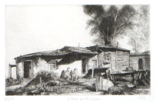 Two figures sit on the porch of a small house looking at a donkey tied to a pole in the yard. One figure wears a hat. Ther is a tall tree to the right behind the house.