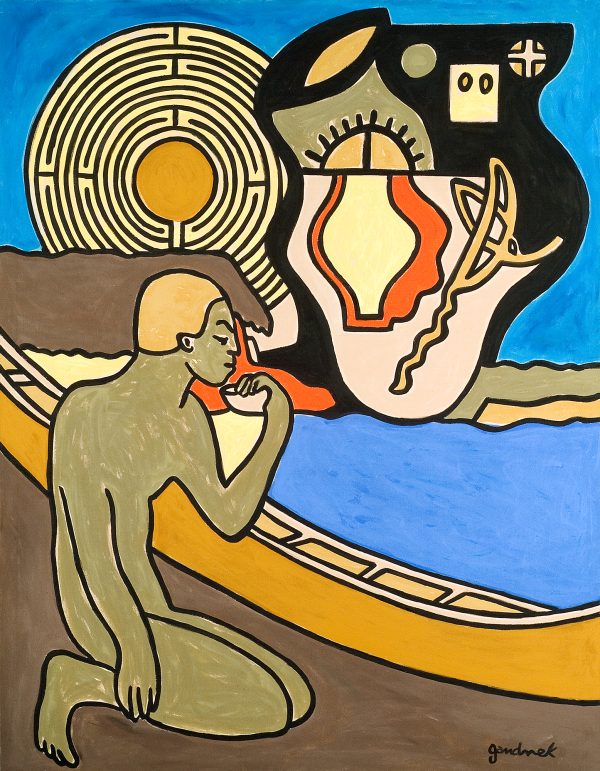 A nude male at lower left witha canoe behind and sun/maze above.