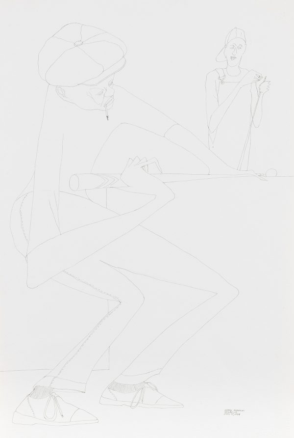 Two smoking men are playing pool. A graphite drawing similar to front is on the back.