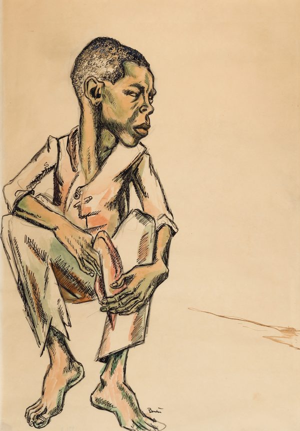 A boy sits to the left side holding a book. He is full figure, seated, frontal view sith head truned to right and barefoot.
