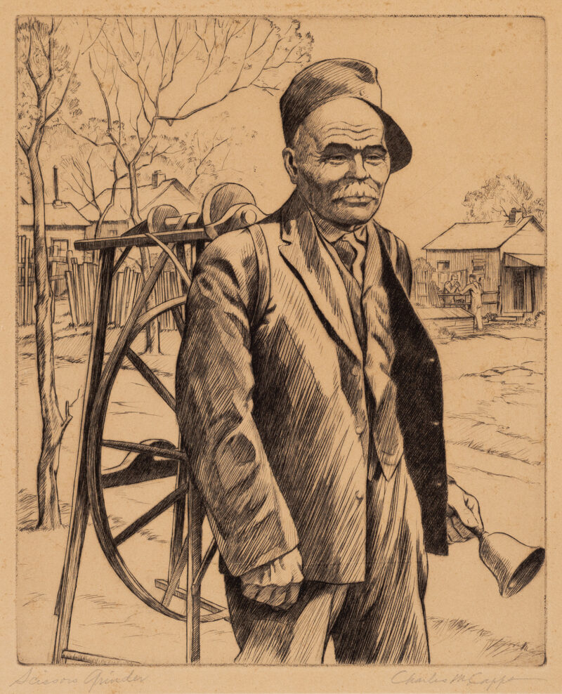 A mustachioed man wearing a cap and suit stands in foreground ringing a bell; small town in background.