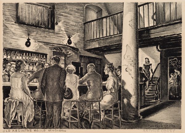 Interior scene with men and women seated at a bar,, talking amoun each other; at right, in background, a woman walks down a staircase.