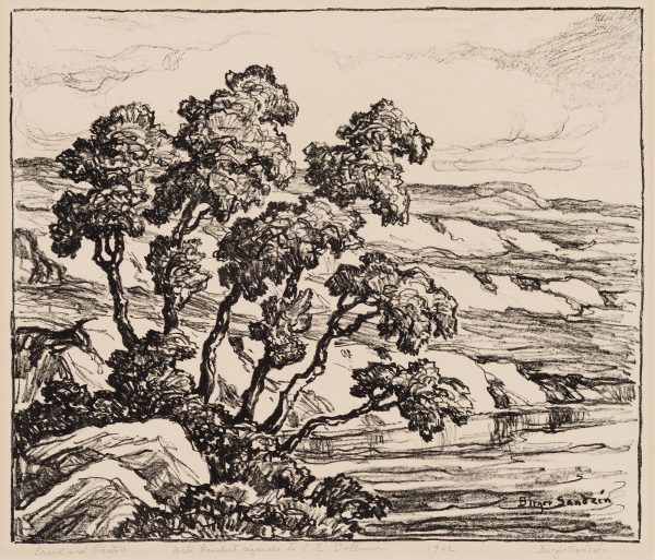 Landscape with trees and large rocks on the left of a river, rolling hills in the distance.