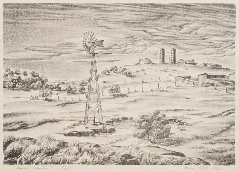 A landscape with rolling hills and windmill at the cente; a ranch in the background.