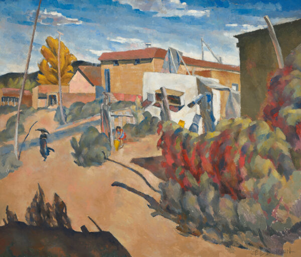 a) Southwestern street scene with two figures walking through foreground, red bushes to right and buildings behind b) Seated woman is a 3/4 view against a multi-colored background. It is a portrait of Faye Davison.