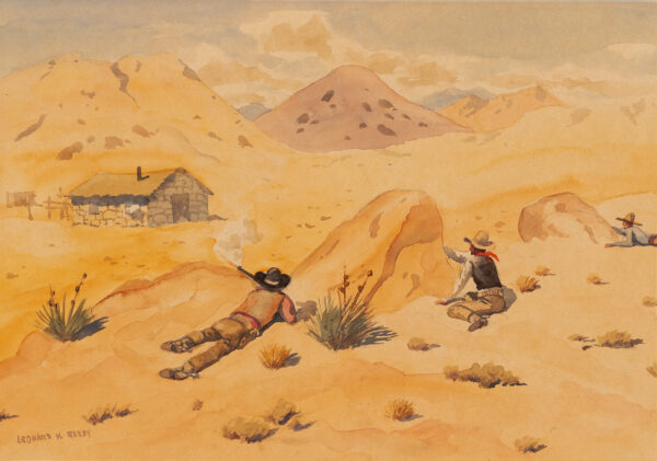 A mountainous desert is the scene of outlaws with guns pointed toward a cabinches