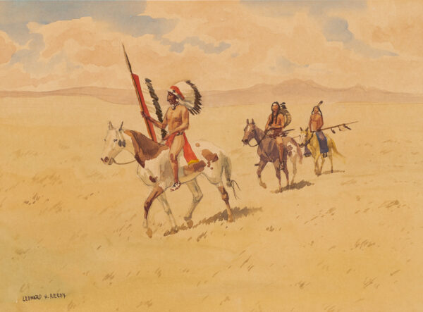 Three American Indians on horseback in a flat landscape with low mountains in the distance.